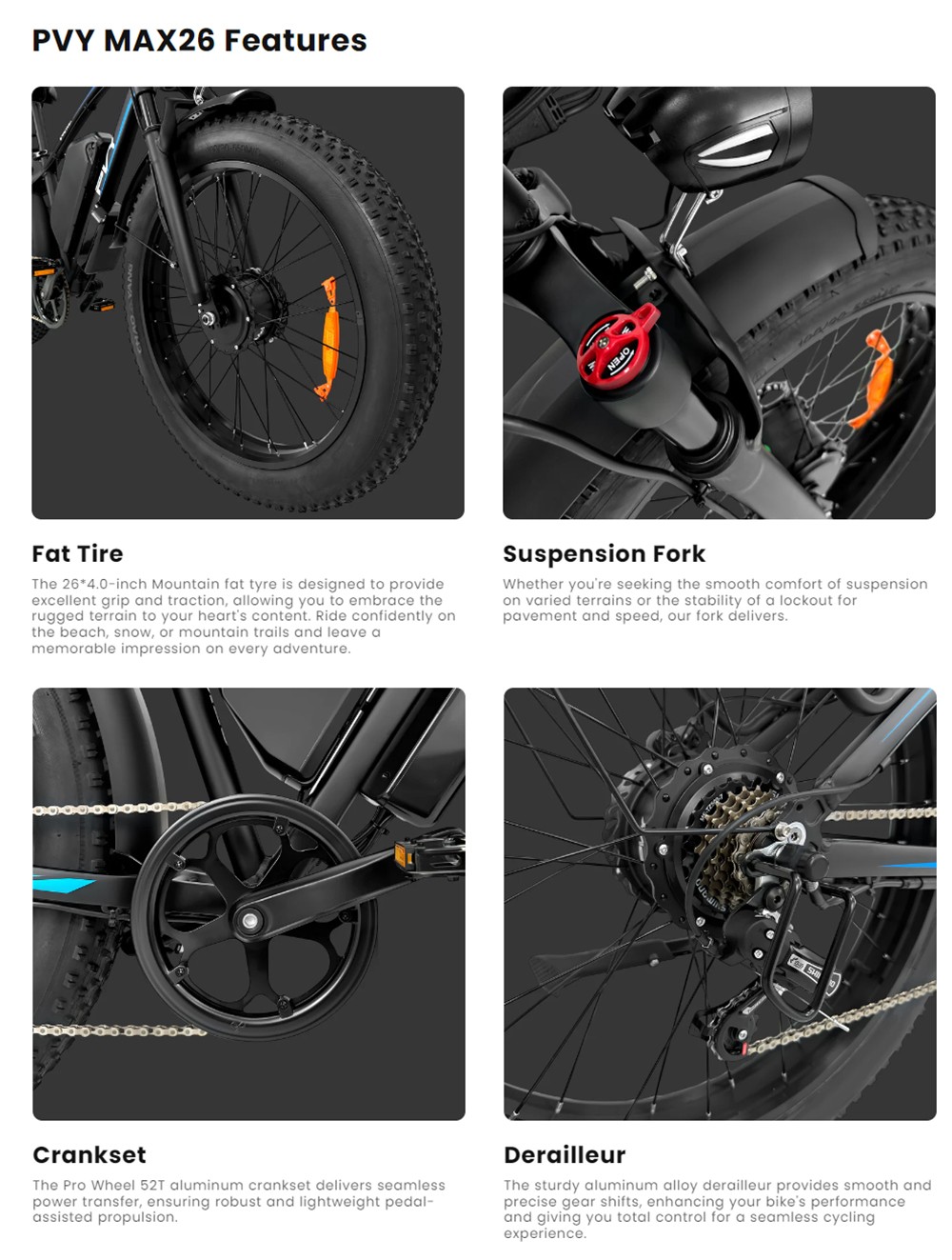 PVY MAX26 Electric Bike, 250W*2 Motor, 48V 30Ah Battery, 26*4.0 inch Tires, 25km/h Max Speed, 200km Range, Hydraulic Brake, Lockable Shock Absorbing Fork, Shimano 7-speed - Black