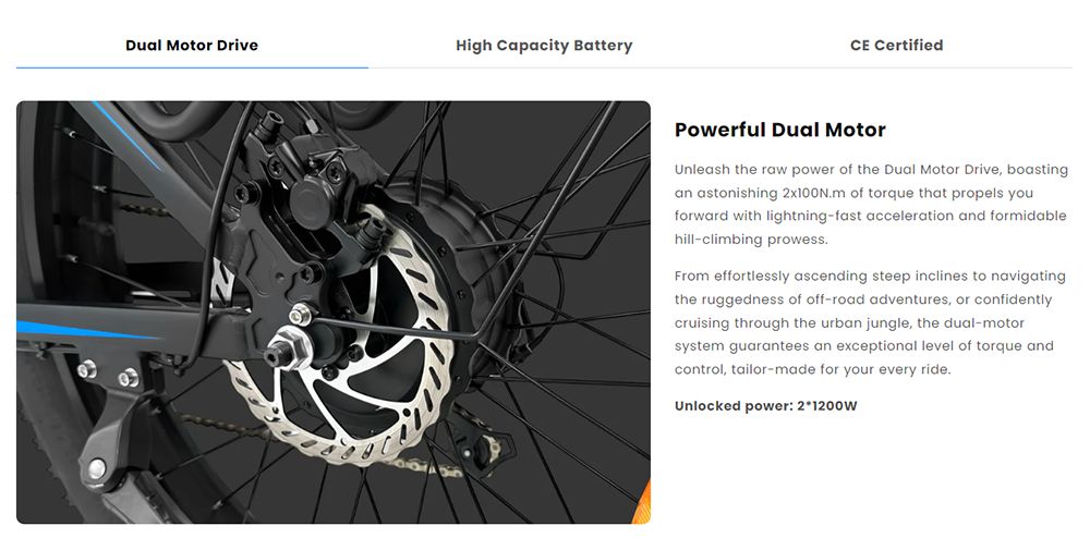 PVY MAX26 Electric Bike, 250W*2 Motor, 48V 30Ah Battery, 26*4.0 inch Tires, 25km/h Max Speed, 200km Range, Hydraulic Brake, Lockable Shock Absorbing Fork, Shimano 7-speed - Orange
