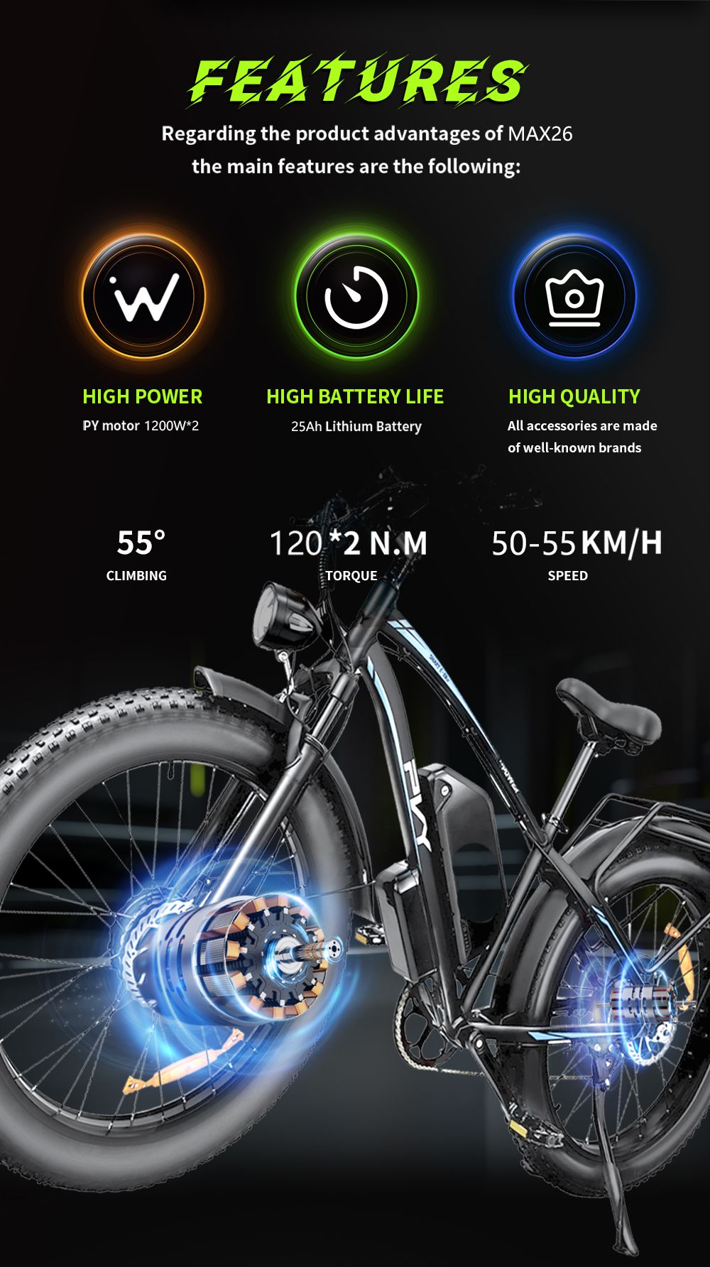 PVY MAX26 Electric Bike, 250W*2 Motor, 48V 30Ah Battery, 26*4.0 inch Tires, 25km/h Max Speed, 200km Range, Hydraulic Brake, Lockable Shock Absorbing Fork, Shimano 7-speed - Orange