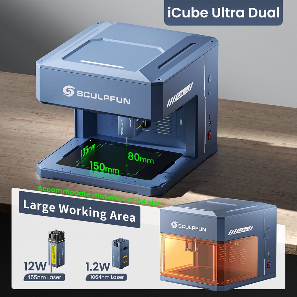 SCULPFUN iCube Ultra Dual 12W+1.2W laserový gravírovací stroj, pracovná plocha 150x135mm, rýchlosť 10000mm/min, zabudovaný dymový filter, 4 svetelné režimy, jednoduchá montáž