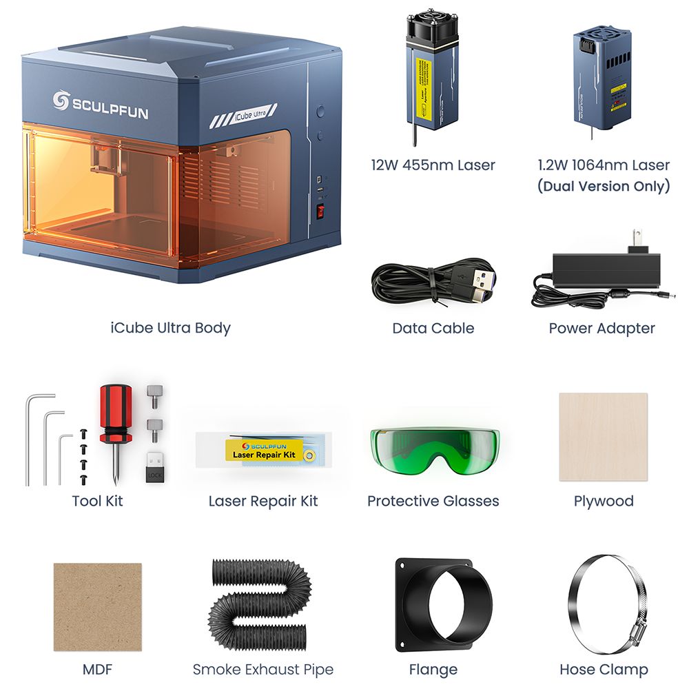 SCULPFUN iCube Ultra Dual 12W+1.2W Laserový gravírovací stroj, pracovná plocha 150x135 mm, rýchlosť 10000 mm/min, zabudovaný dymový filter, 4 svetelné režimy, jednoduchá montáž