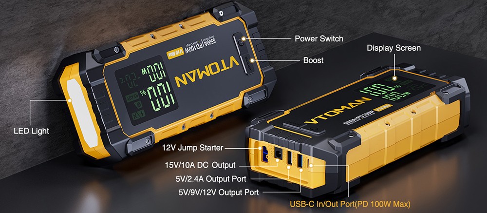 VTOMAN V10 Max 5500A 12V Starthilfeger&auml;t, 3,2'' Display, Batteriebooster f&uuml;r alle Benzin- und 12L-Dieselfahrzeuge, PD100W Schnellladung, 24000mAh Powerbank, IP65 wasser- und staubdicht