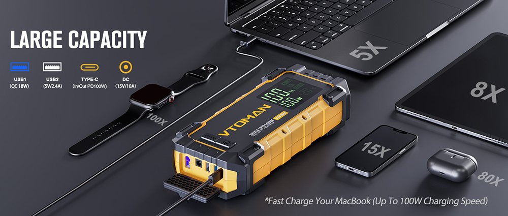 VTOMAN V10 Max 5500A 12V Starthilfeger&auml;t, 3,2'' Display, Batteriebooster f&uuml;r alle Benzin- und 12L-Dieselfahrzeuge, PD100W Schnellladung, 24000mAh Powerbank, IP65 wasser- und staubdicht