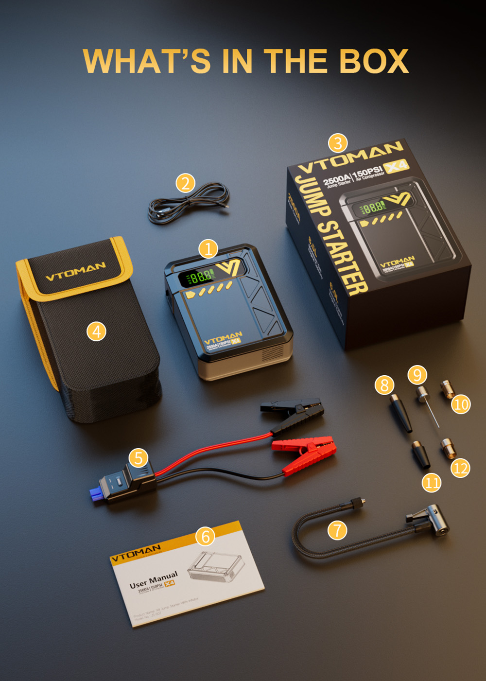VTOMAN X4 2500A 12V Starthilfe, 10000mAh Powerbank, 150PSI Luftkompressor, LED-Taschenlampe, f&uuml;r 8,5L Benzin und 6L Dieselmotoren, Autos, Lastwagen und Motorr&auml;der