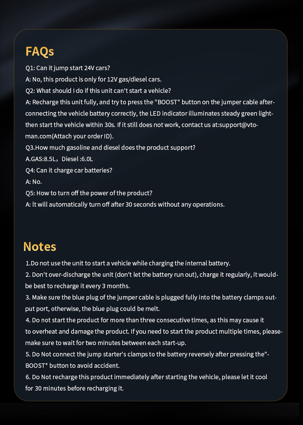 VTOMAN X4 2500A 12V Starthilfe, 10000mAh Powerbank, 150PSI Luftkompressor, LED-Taschenlampe, f&uuml;r 8,5L Benzin und 6L Dieselmotoren, Autos, Lastwagen und Motorr&auml;der