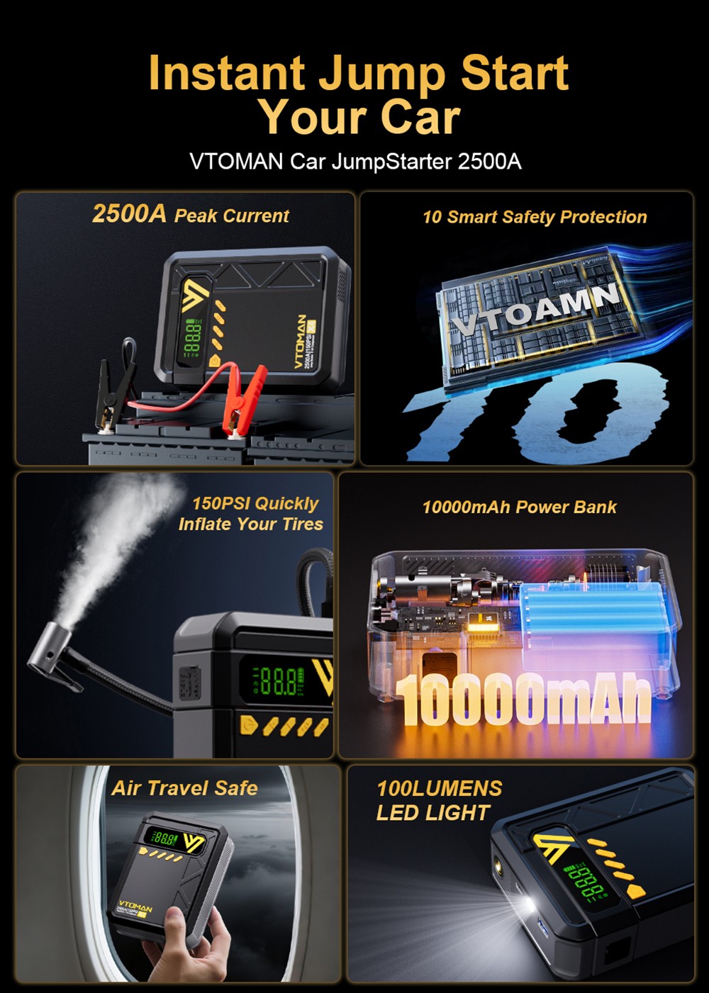 VTOMAN X4 2500A 12V Starthilfe, 10000mAh Powerbank, 150PSI Luftkompressor, LED-Taschenlampe, f&uuml;r 8,5L Benzin und 6L Dieselmotoren, Autos, Lastwagen und Motorr&auml;der