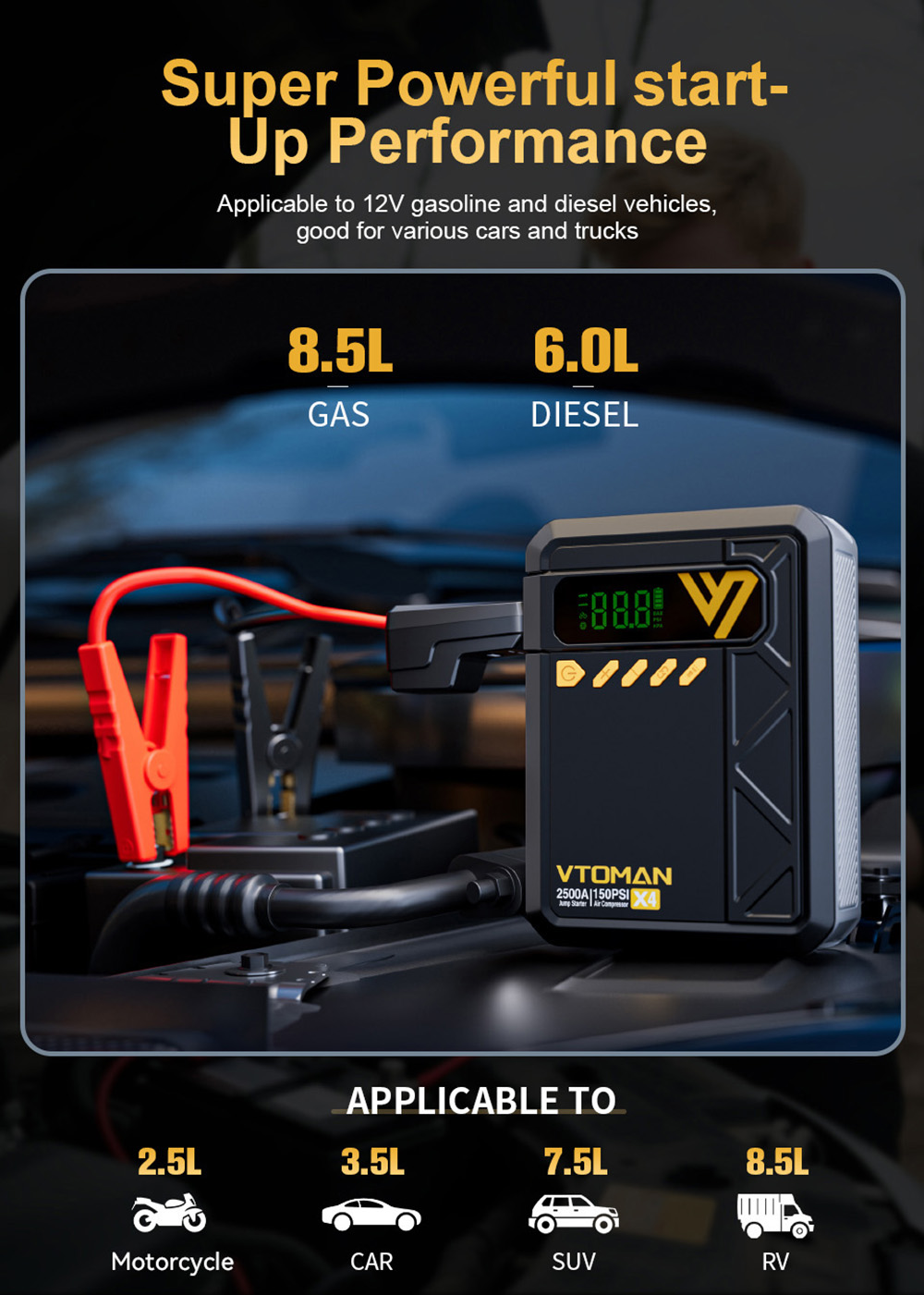 VTOMAN X4 2500A 12V Starthilfe, 10000mAh Powerbank, 150PSI Luftkompressor, LED-Taschenlampe, f&uuml;r 8,5L Benzin und 6L Dieselmotoren, Autos, Lastwagen und Motorr&auml;der