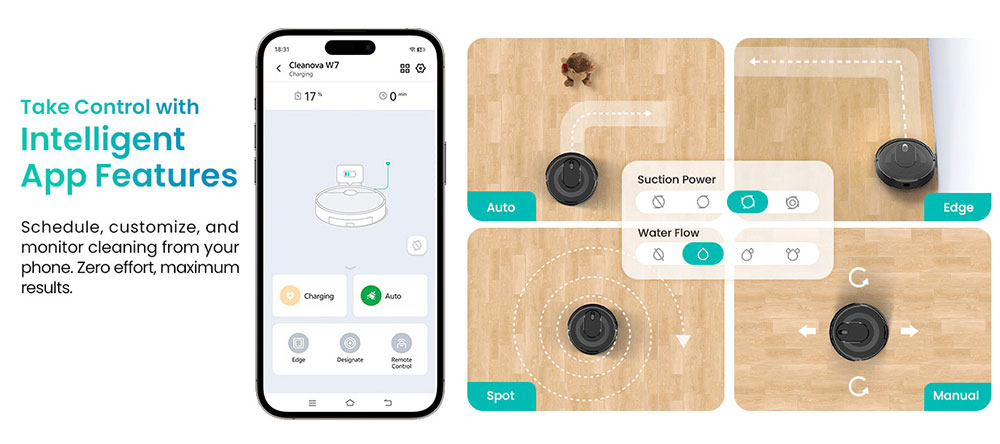Vactidy Cleanova W7 Robot Vacuum Cleaner, 4000Pa Powerful Suction, 2-in-1 Vacuum & Mop, 120-Min Runtime, Smart APP & Voice Control, Multi-Sensor Navigation, Auto Recharge