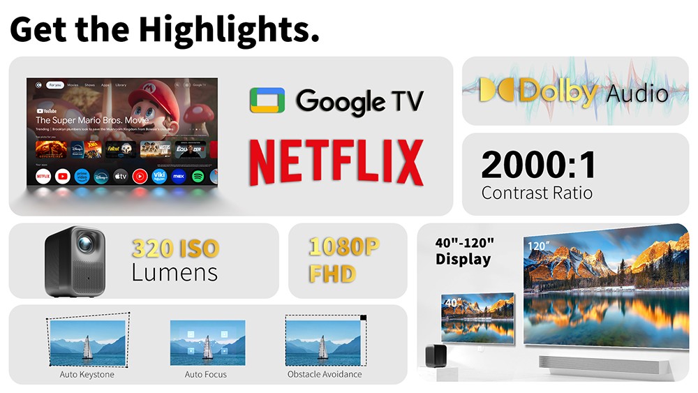 WUPRO G1 Projector, Certified Google TV & Netflix, 320 ISO Lumens, Native 1080P, 4K Supported, Auto Focus & Auto Keystone