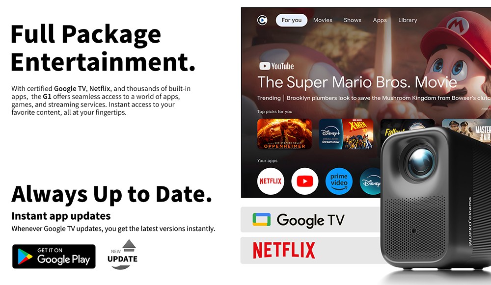 WUPRO G1 Projector, Certified Google TV & Netflix, 320 ISO Lumens, Native 1080P, 4K Supported, Auto Focus & Auto Keystone