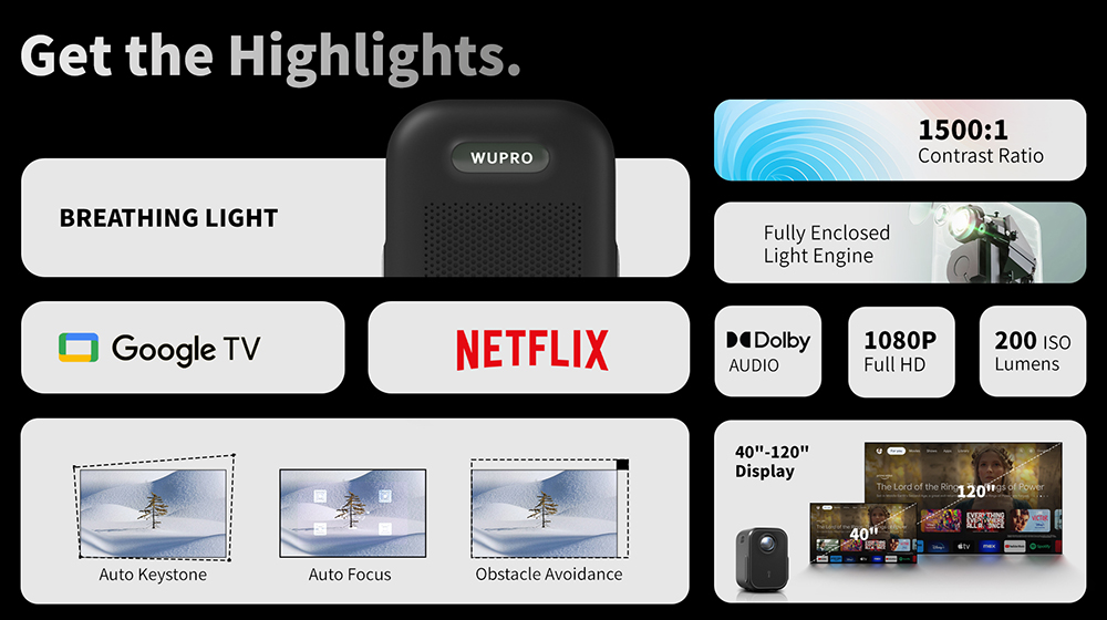 WUPRO G2 Projector, Certified Google & Netflix, Native 1080P, 200 ISO Lumens, Auto Focus & Auto Keystone