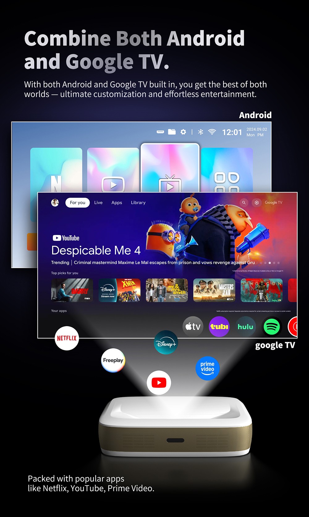 WUPRO G3 Mini UST Laser Projector,  Android TV & Google TV, 600 ANSI, Native 1080P, Auto Focus & Auto Keystone - Black