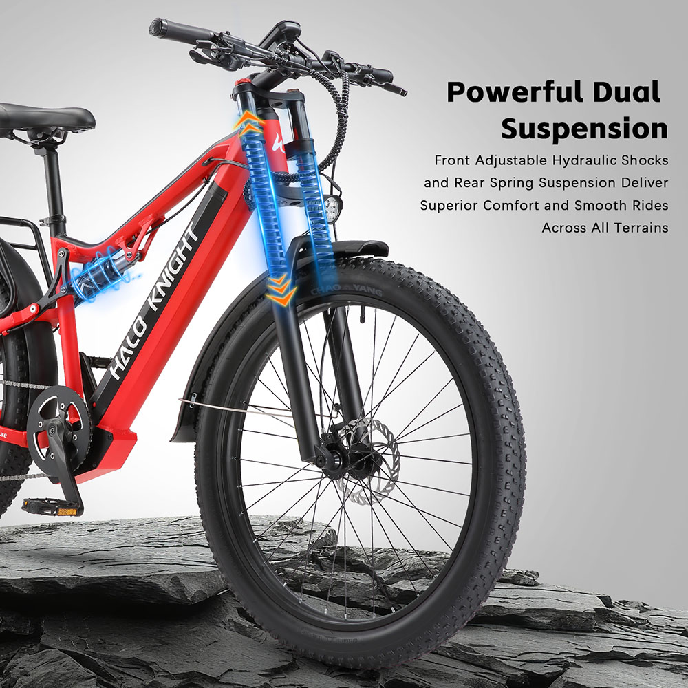 Halo Knight H03 Elektrofahrrad, 1000W Motor, 48V 19,2Ah Akku, 27,5 x 3,0 Zoll Reifen, 50 km/h Höchstgeschwindigkeit, 90 km maximale Reichweite, hydraulische Bremsen, Shimano 7-Gang-Schaltung - Rot