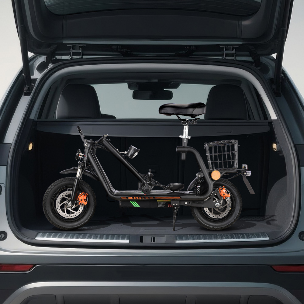 TWOFISH M5 PRO-E Trottinette électrique certifiée CEE avec siège et panier arrière, moteur 500 W, batterie 48 V 13 Ah, pneus 12 pouces, vitesse maximale 40 km/h, autonomie 30 km, freins à double disque, amortisseurs avant et arrière - Noir