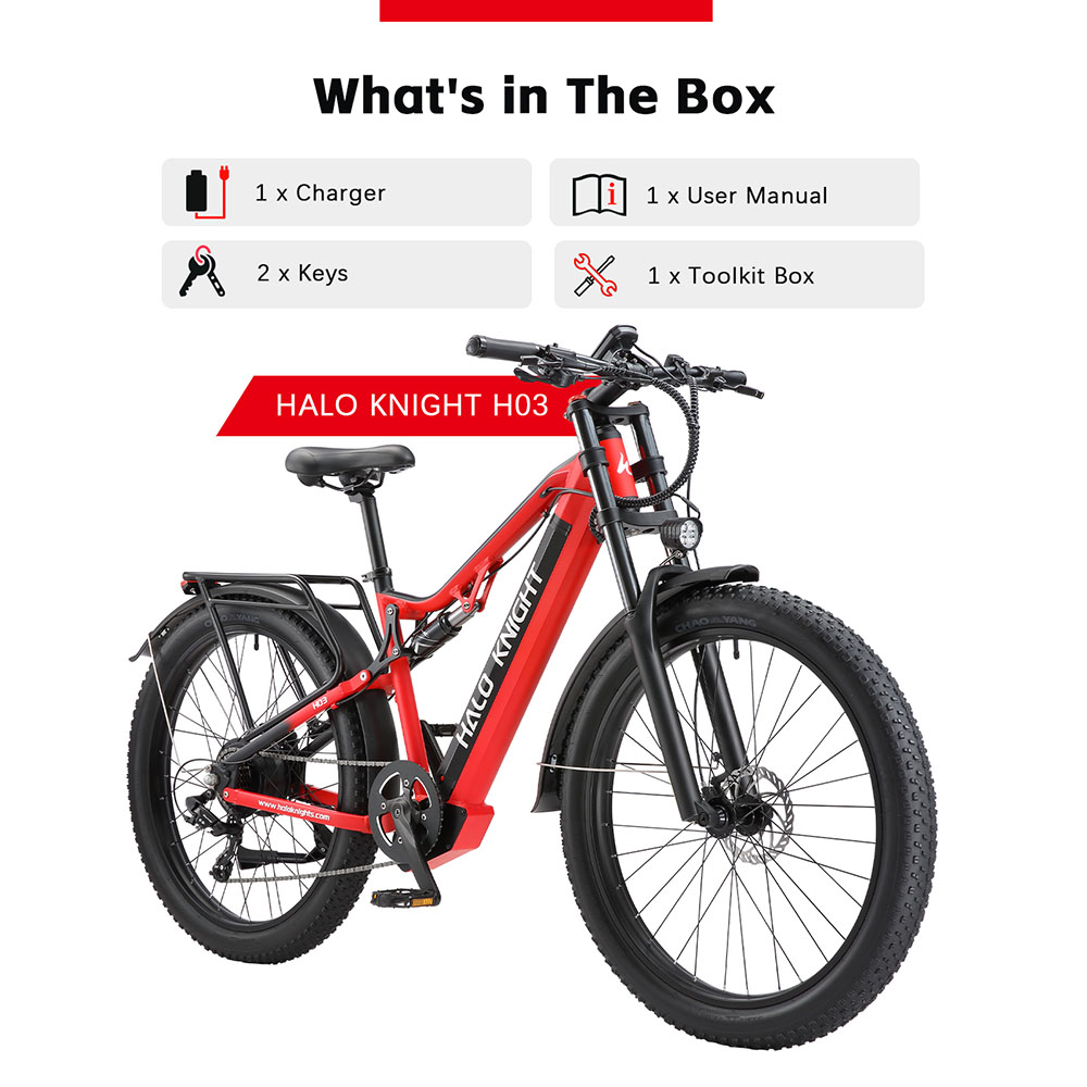 Halo Knight H03 Elektrofahrrad, 1000W Motor, 48V 19,2Ah Akku, 27,5 x 3,0 Zoll Reifen, 50 km/h Höchstgeschwindigkeit, 90 km maximale Reichweite, hydraulische Bremsen, Shimano 7-Gang-Schaltung - Rot