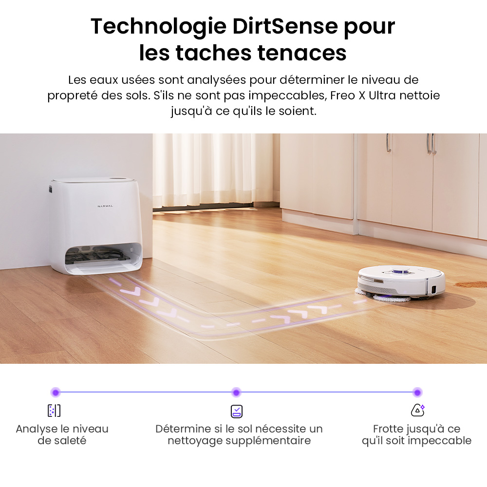 Narwal Freo X Ultra Aspirateur robot et balai avec lavage et vidage automatiques, puissance d'aspiration de 8200 Pa, brosse flottante anti-emm&ecirc;lement, levage automatique du balai jusqu'&agrave; 12 mm, station de base tout-en-un