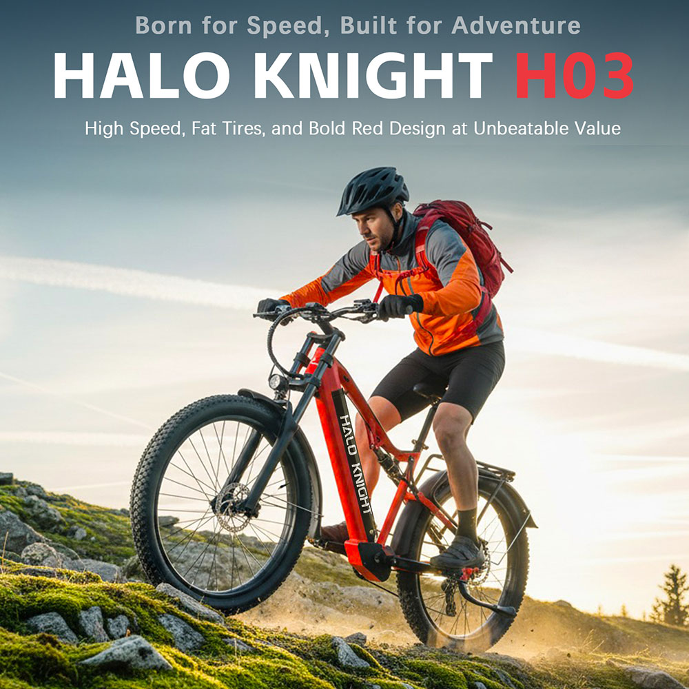 Halo Knight H03 Elektrofahrrad, 1000W Motor, 48V 19,2Ah Akku, 27,5 x 3,0 Zoll Reifen, 50 km/h Höchstgeschwindigkeit, 90 km maximale Reichweite, hydraulische Bremsen, Shimano 7-Gang-Schaltung - Rot
