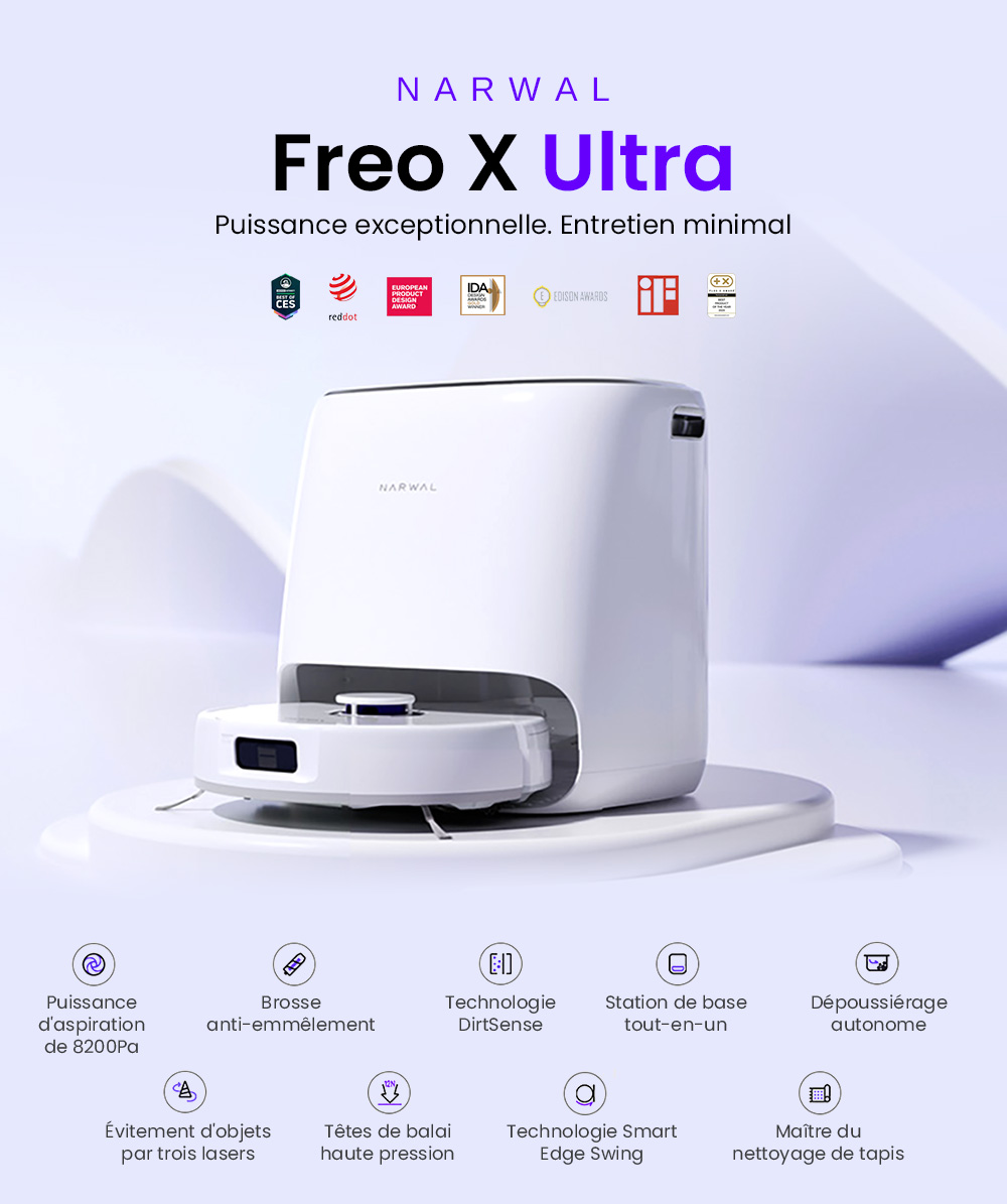Narwal Freo X Ultra Aspirateur robot et balai avec lavage et vidage automatiques, puissance d'aspiration de 8200 Pa, brosse flottante anti-emm&ecirc;lement, levage automatique du balai jusqu'&agrave; 12 mm, station de base tout-en-un