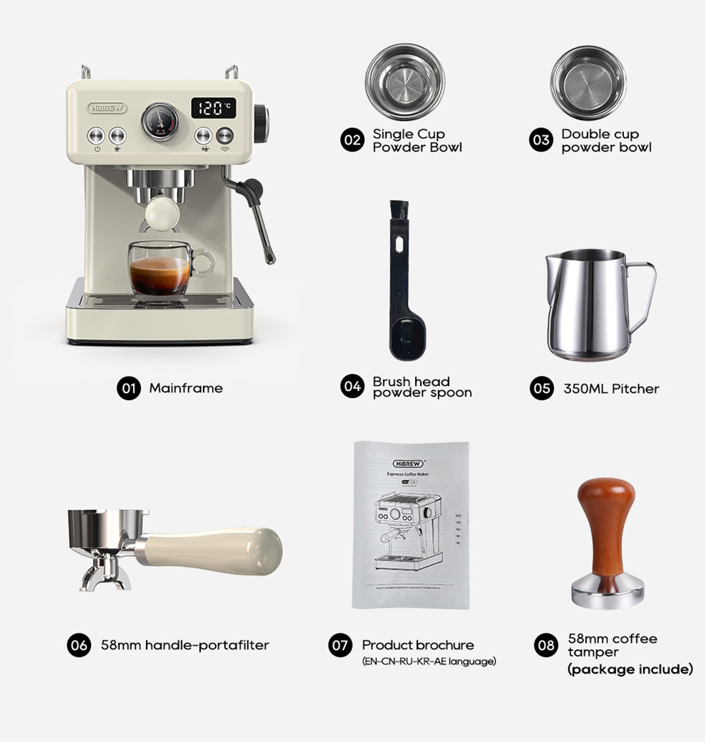 HiBREW H10A Machine &agrave; caf&eacute;, pression d'extraction de 20 bars, temp&eacute;rature et volume de tasse r&eacute;glables, porte-filtre de 58 mm, r&eacute;servoir d'eau amovible de 1,8 L, beige