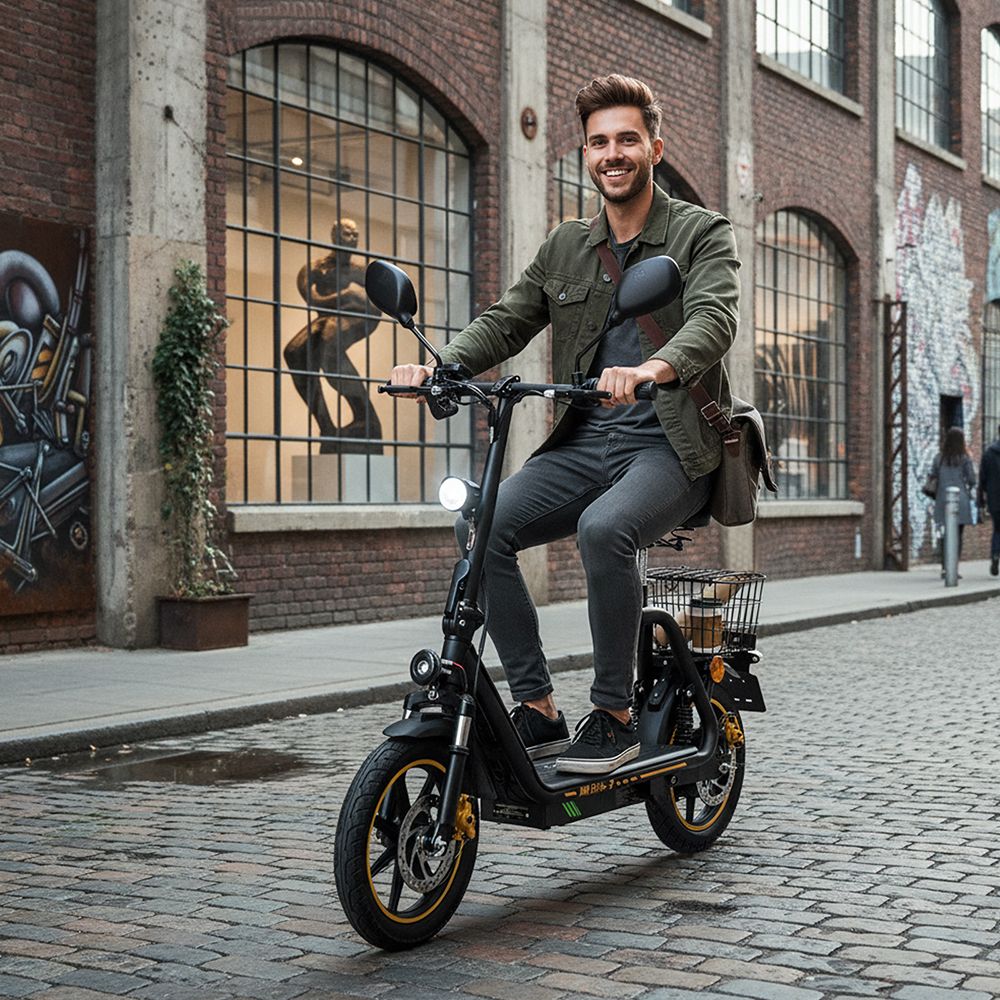 TWOFISH M5 Elite-E EEC-zertifizierter Elektroroller mit Sitz und Hinterkorb, 500W Motor, 48V 13Ah Batterie, 14 Zoll Reifen, 40 km/h H&ouml;chstgeschwindigkeit, 30 km Reichweite, Doppel-Scheibenbremsen, Vorder- und Hintersto&szlig;d&auml;mpfer - Schwarz