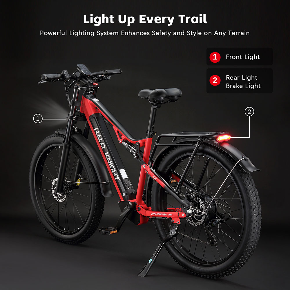 Halo Knight H03 Elektrofahrrad, 1000W Motor, 48V 19,2Ah Akku, 27,5 x 3,0 Zoll Reifen, 50 km/h Höchstgeschwindigkeit, 90 km maximale Reichweite, hydraulische Bremsen, Shimano 7-Gang-Schaltung - Rot