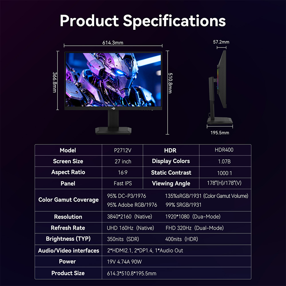 TITAN ARMY P2712V &Eacute;cran de jeu, IPS rapide de 27 pouces, 3840 &times; 2160 &agrave; 160 Hz et 1920 &times; 1080 &agrave; 320 Hz, HDR400, temps de r&eacute;ponse &agrave; gris &agrave; gris de 1 ms, OD dynamique, &eacute;clairage de jeu RVB, 2 ports HDMI 2.1, 2 ports DP 1.4, 1 port audio