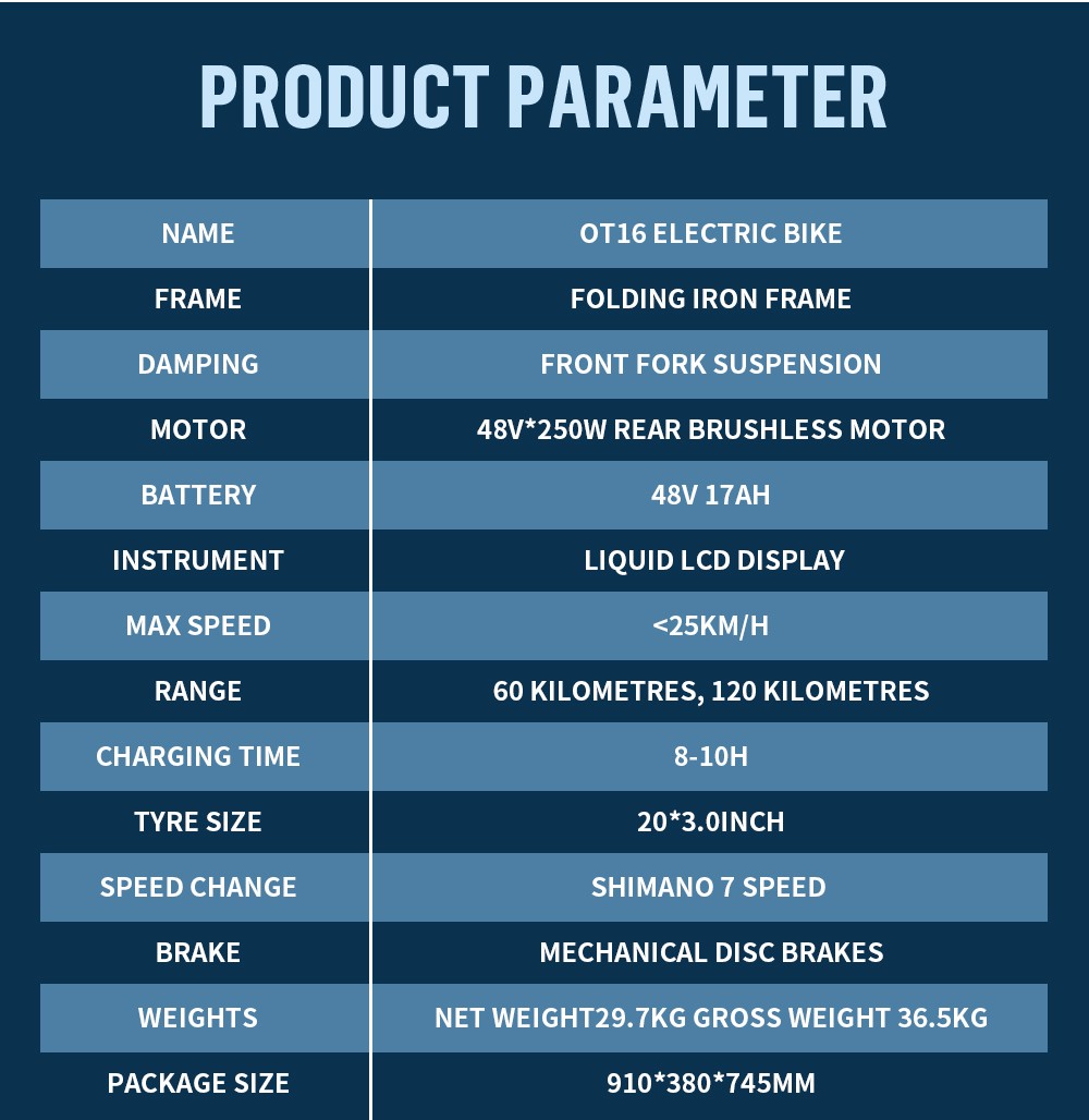ONESPORT OT16 Vélo électrique, pneus 20*3,0 pouces, batterie 48V 17Ah, vitesse maximale de 25km/h, 3 modes de conduite, freins à disque, 7 vitesses - Blanc