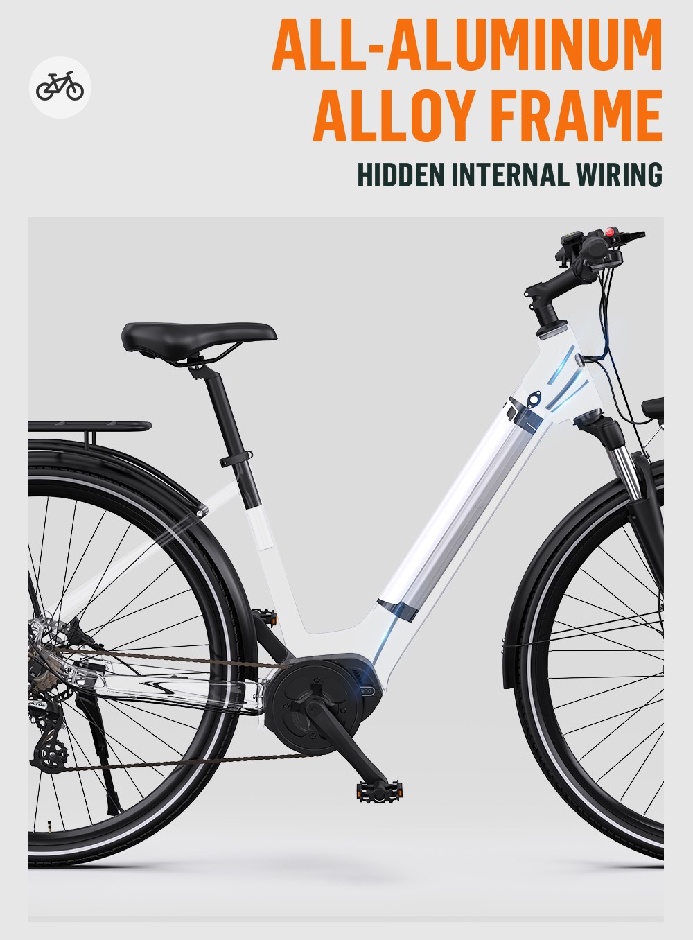 ONESPORT OT07 V&eacute;lo &eacute;lectrique, 250 W BAFANG Moteur &agrave; entra&icirc;nement central, Batterie 36 V 14 Ah, Pneus 27,5 pouces, Vitesse maximale 25 km/h, Autonomie 110 km, Fourche amortissante, Freins &agrave; disque hydrauliques, SHIMANO 7 vitesses - Blanc