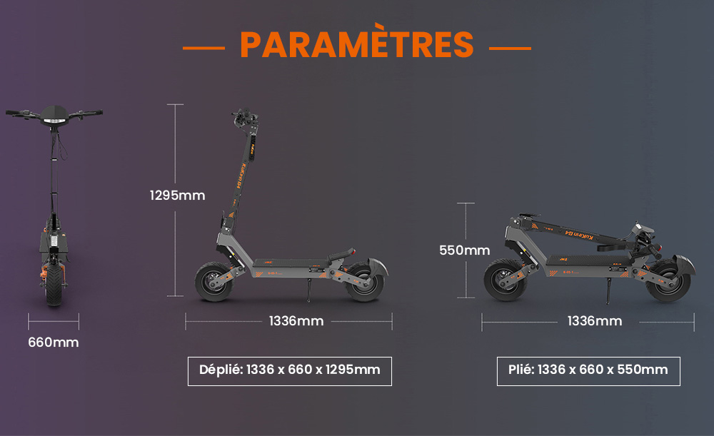 KuKirin G4 Trottinette &eacute;lectrique, moteur 2 x 1&nbsp;000 W, batterie 60 V 20 Ah, pneus 11 pouces, vitesse maximale 70 km/h, autonomie 75 km, freins &agrave; disque avant et arri&egrave;re, amortisseur &agrave; quatre bras