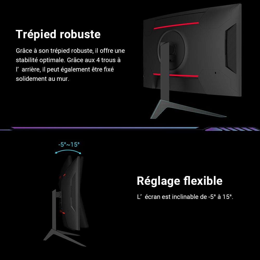 KTC H27S17 Moniteur de jeu incurv&eacute; 27 pouces 1500R QHD 2560 x 1440 16:9 ELED 165 Hz 99 % sRGB 4000:1 Rapport de contraste 1 ms Temps de r&eacute;ponse MPRT Faible flou de mouvement Compatible avec FreeSync G-Sync USB HDMI2.0 Sortie audio 2xDP1.2 Support VESA