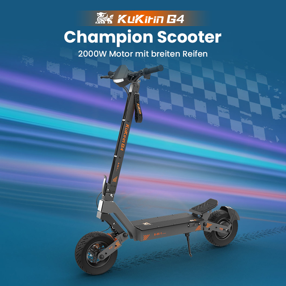 KuKirin G4 Elektroroller, 2 x 1000 W Motor, 60 V 20 Ah Akku, 11 Zoll Reifen, 70 km/h H&ouml;chstgeschwindigkeit, 75 km Reichweite, Scheibenbremsen vorne und hinten, Vierarm-Sto&szlig;d&auml;mpfer