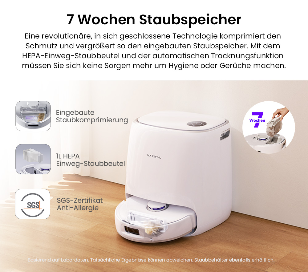 Narwal Freo X Ultra Roboterstaubsauger, 8200 Pa Saugleistung, 210 Min. Laufzeit, Tri-Laser-Navigation, Verwicklungsfreie schwimmende B&uuml;rste, 1-Liter-Einwegbeutel, 7-w&ouml;chige Staublagerung &ndash; EU-Stecker