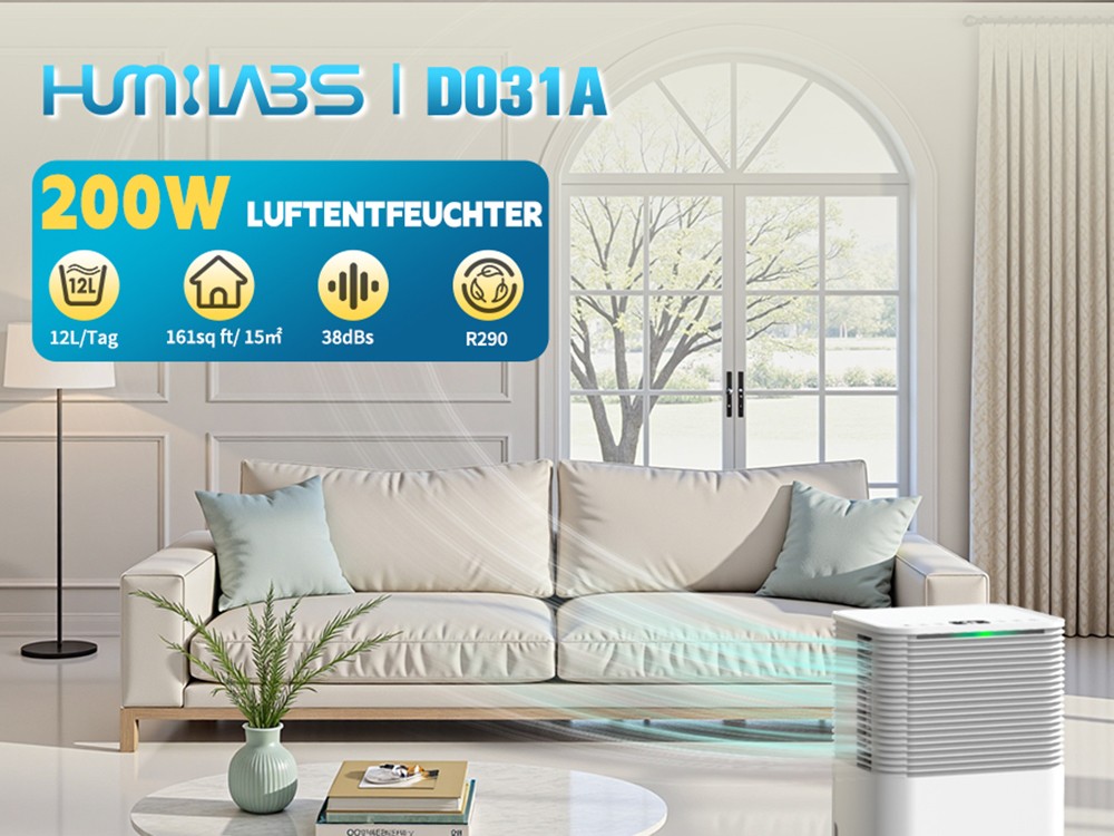 HUMILABS 12L Luftentfeuchter, 2L Wassertank, 24-Stunden-Timer, 3 Modi, automatische/manuelle Entwässerung, LED-Touchscreen, geräuscharm