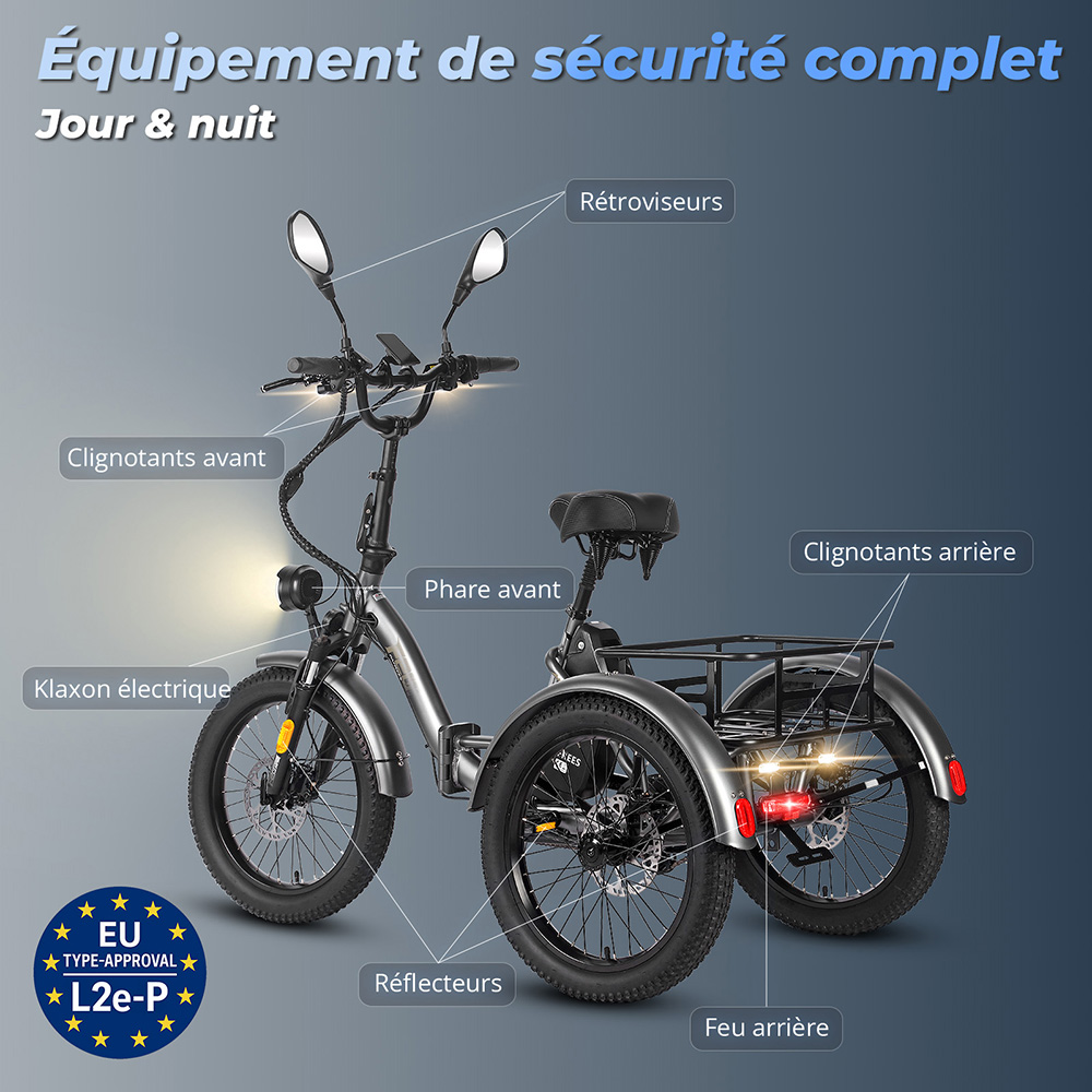 Fafrees F20 Mate Tricycle cargo électrique version certifiée EU L1e-B, moteur 500W, batterie 48V 21Ah, pneus 20*3 pouces, vitesse maximale 30 km/h, autonomie maximale 115 km, frein à disque hydraulique, système de suspension triple, écran LCD - Gris