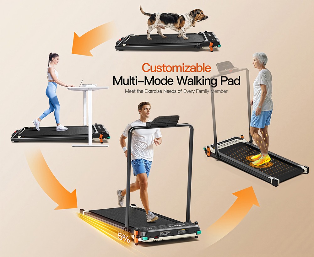 Akluer 520A-B Dual-Sided Walking Pad with Handle, 2.5HP Quiet Motor, 4MPH Max Speed, 150kg Capacity, Dual LED Display, Manual Incline & Built-in Foot Massager