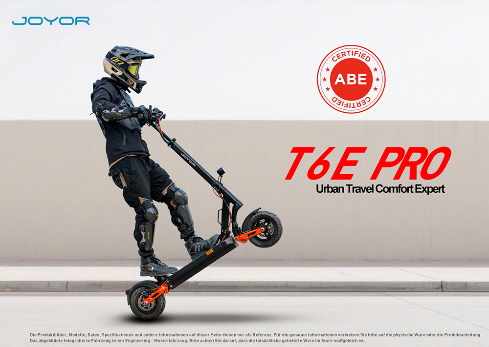 Joyor T6E Pro Elektroroller mit ABE-Zertifizierung, 500W Motor, 48V 18Ah Akku, 10 Zoll Reifen, 20 km/h H&ouml;chstgeschwindigkeit, 90 km Reichweite, mechanische Scheibenbremsen vorne und hinten, hydraulische Federsto&szlig;d&auml;mpfer vorne und hinten