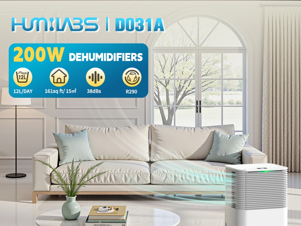 HUMILABS 12L Déshumidificateur, réservoir d’eau de 2L, minuteur 24h, 3 modes, vidange automatique/manuelle, écran tactile LED, faible bruit