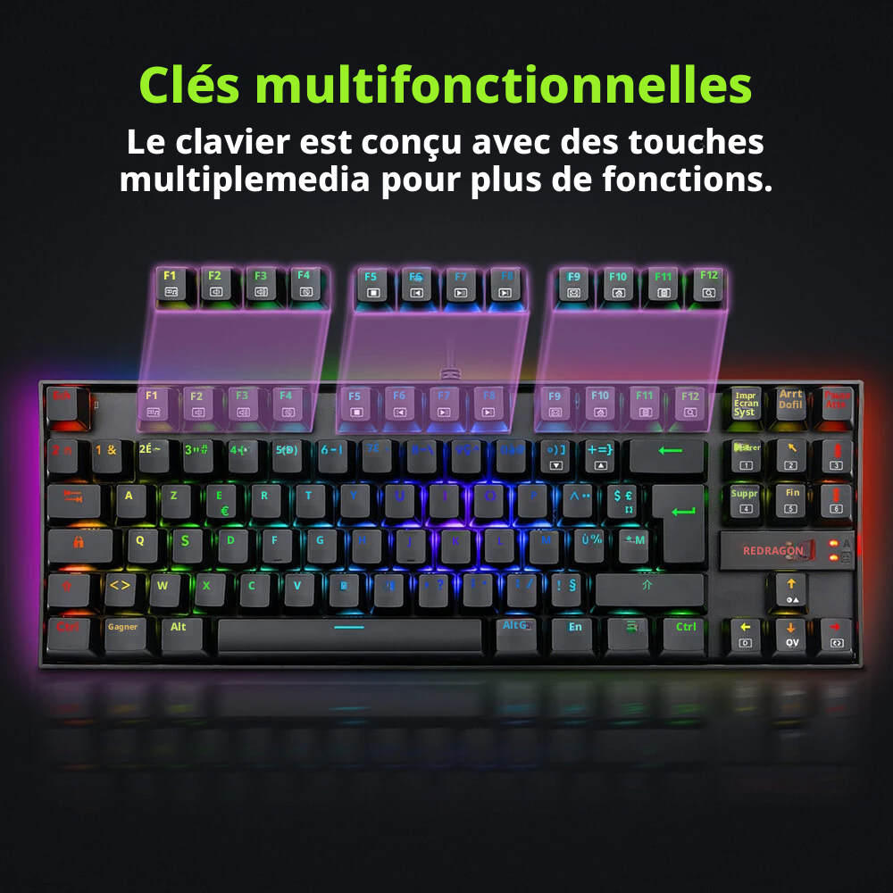 Redragon K552P-KR-FR Clavier mécanique TKL avec rétroéclairage RGB, compact, 88 touches, disposition AZERTY FR, interrupteur rouge - Noir