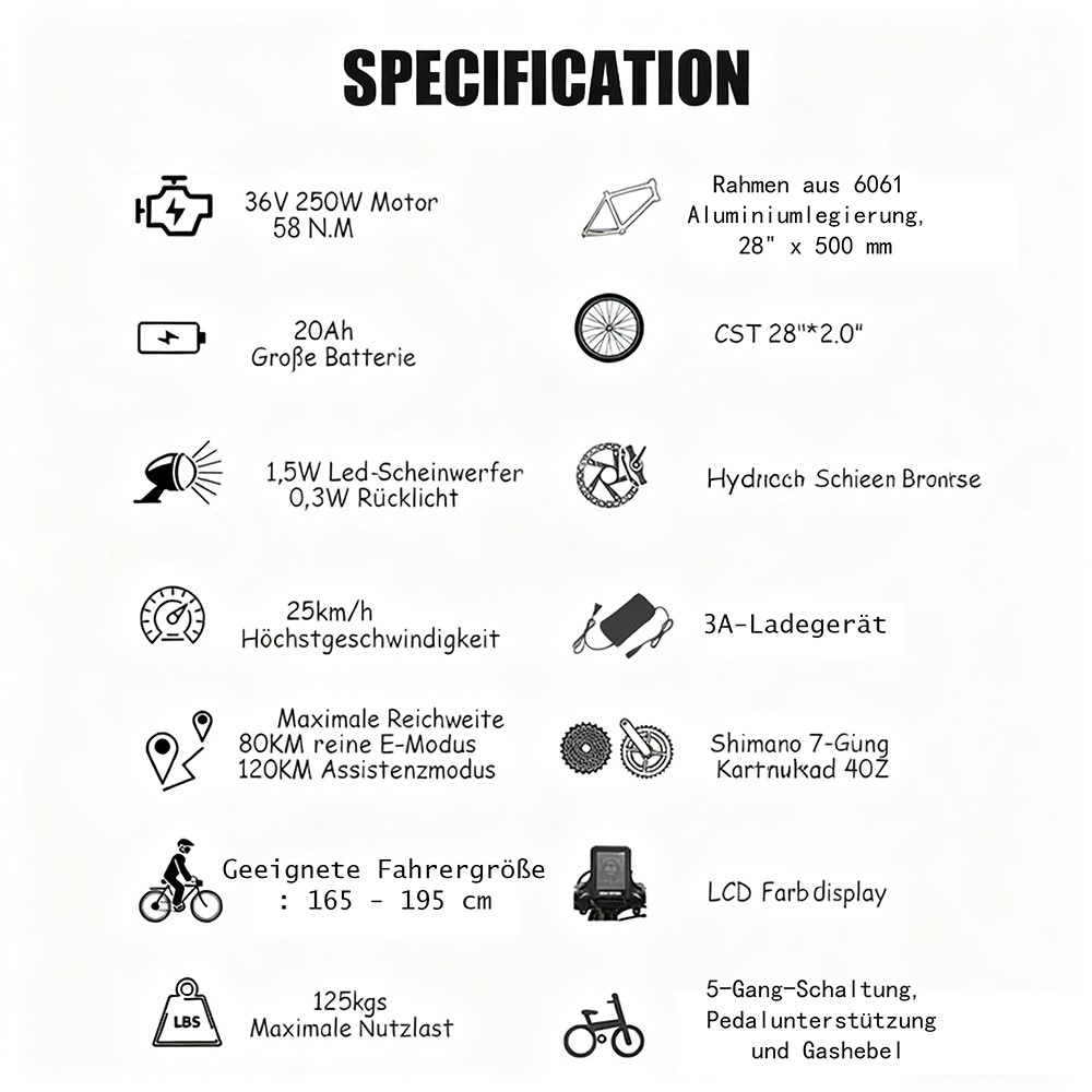 TTGO C3 Pro Elektrofahrrad, 250W Motor, 36V 20Ah Batterie, 28 Zoll Reifen, 25 km/h Höchstgeschwindigkeit, 120 km maximale Reichweite, hydraulische Scheibenbremse, Federgabel, Drehmomentsensor, Shimano 7-Gang, LCD-Display - Weiß