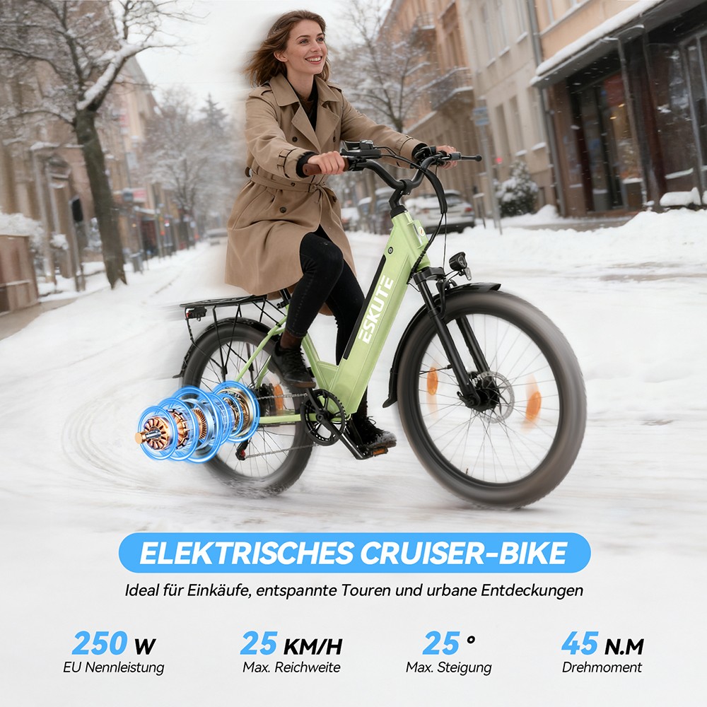 ESKUTE C100 Plus Elektrofahrrad, 250W Motor, 36V 13Ah Batterie, 26 Zoll Reifen, 25 km/h Höchstgeschwindigkeit, 100 km Reichweite, Shimano 7-Gang, LCD-Display - Grün