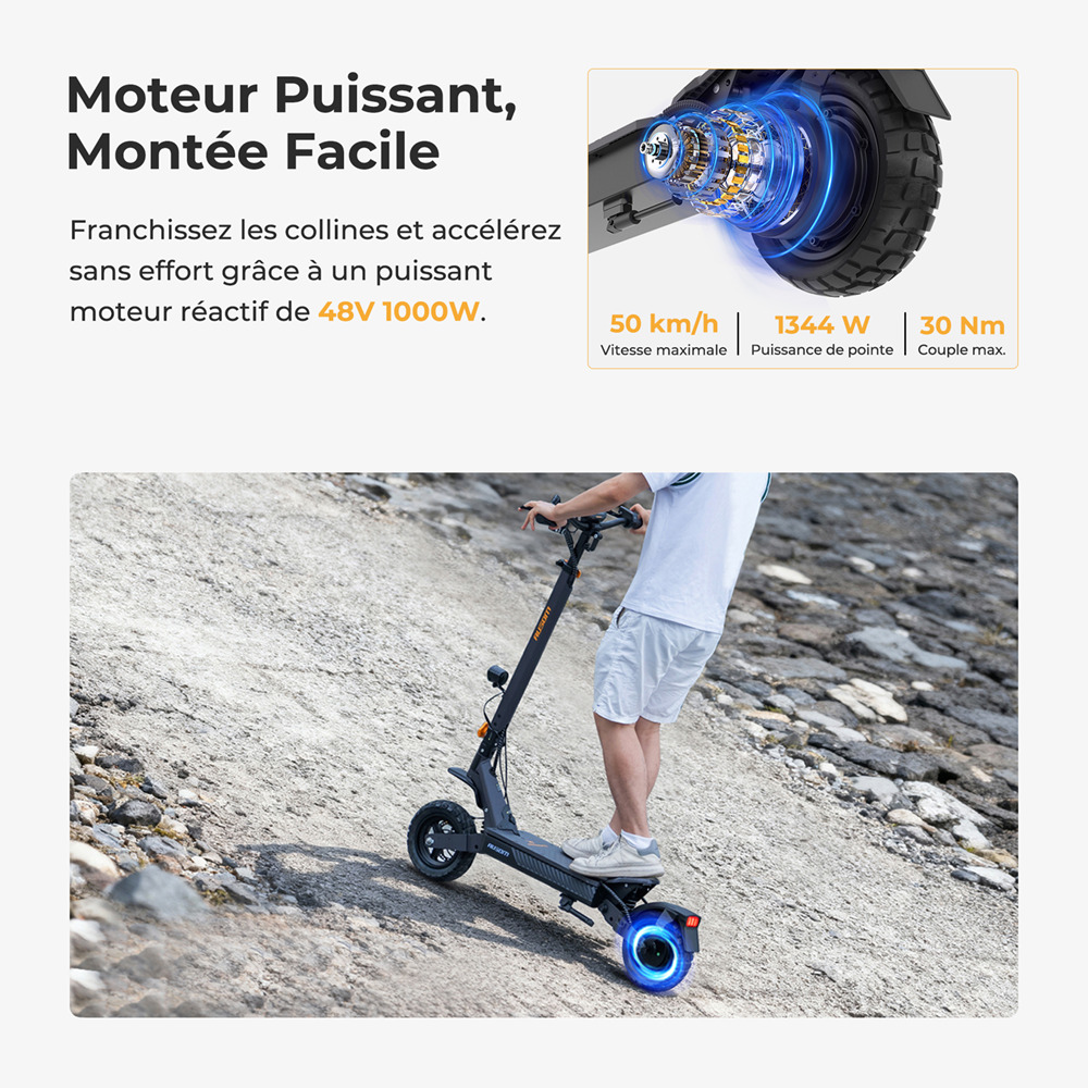 Ausom L1 Max Trottinette &eacute;lectrique, moteur 1000 W, batterie 48 V 20,8 Ah, pneus 10 pouces, vitesse maximale 50 km/h, autonomie 90 km, double frein &agrave; disque, suspension &agrave; ressort &agrave; bras oscillant, d&eacute;verrouillage NFC et par code