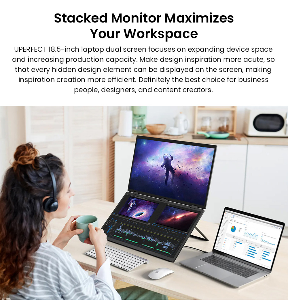 UPERFECT Delta Max Touchscreen-Monitor mit zwei Bildschirmen, 18,5 Zoll (47 cm), 1920 x 1080 Pixel, 100 Hz, IPS-Touchscreen, 178&deg; Betrachtungswinkel, integrierte Lautsprecher, 2 x USB-C-Anschl&uuml;sse, 1 x USB-Anschluss, 1 x Mini-HDMI-Anschluss &ndash; EU-Stecker