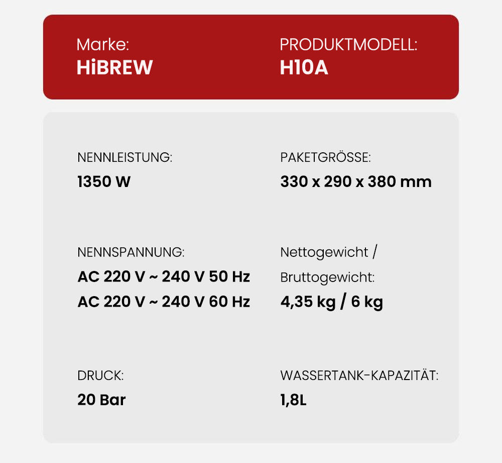 HiBREW H10A Halbautomatische Espressomaschine, 19 Bar Druck, Milchaufsch&auml;umer, Temperatur einstellbar, 58 mm Kaffeestampfer, 350 ml Krug, Tassenw&auml;rmer, Kalt-/Hei&szlig;kaffeemaschine
