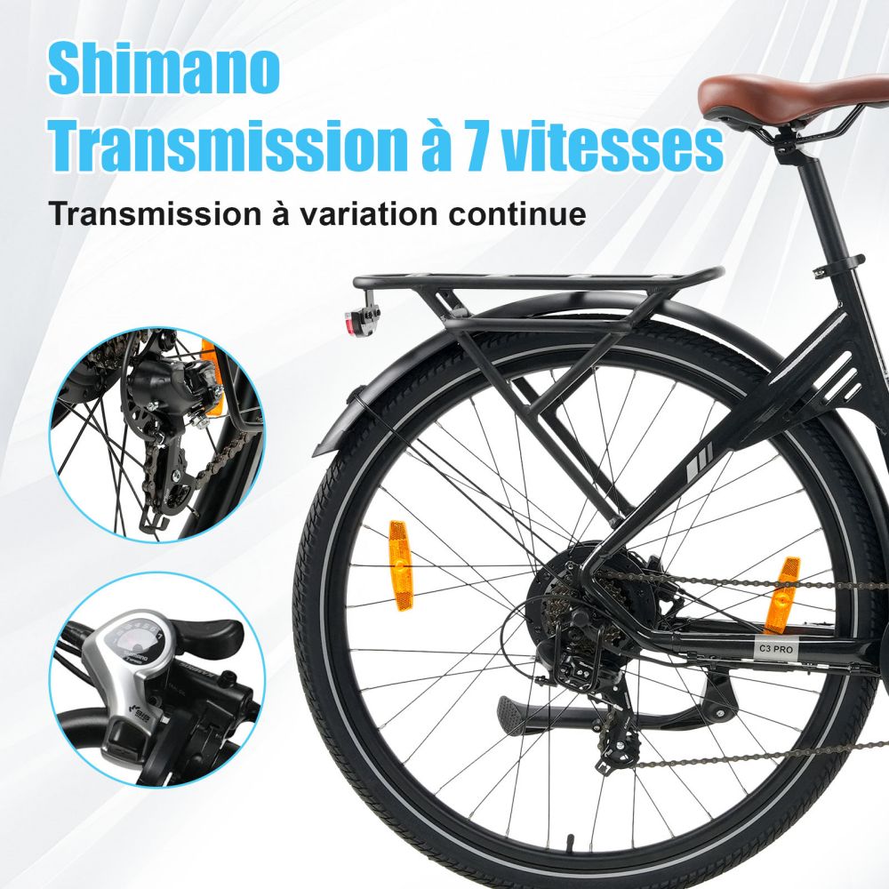 TTGO C3 Pro Vélo électrique, moteur 250W, batterie 36V 20Ah, pneus de 28 pouces, vitesse maximale de 25 km/h, autonomie maximale de 120 km, frein à disque hydraulique, fourche à suspension, capteur de couple, Shimano 7 vitesses, écran LCD - Noir