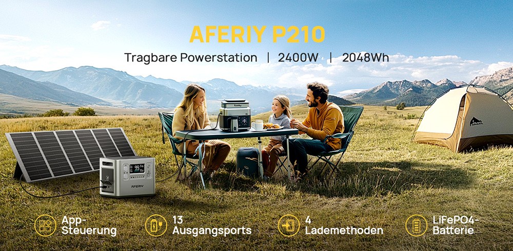 AFERIY P210 Tragbare Powerstation, 2400W AC Ausgang, 2048Wh LiFePO4 Batterie, 13 Ausg&auml;nge, 2H Schnelles AC Aufladen, 500W Solar Eingang & App-Steuerung