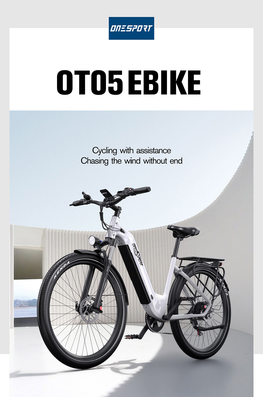 ONESPORT OT05 elektromos kerékpár, 27,5" hüvelykes alumínium váz, 250 W-os ANANDA motor, 36 V 18,2 Ah akkumulátor, 25 km/h maximális sebesség, 60-120 km hatótávolság, olajos tárcsafék, Shimano 7 sebesség, nyomatékérzékelő, 100 kg maximális terhelhetőség - fehér