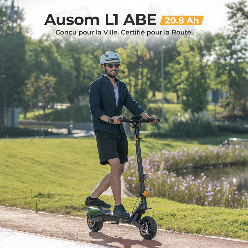 Ausom L1 (version ABE) Trottinette &eacute;lectrique, moteur 500 W, batterie 48 V 20,8 Ah, pneus 10 pouces, vitesse maximale 20 km/h, autonomie 90 km, freins &agrave; disque avant et arri&egrave;re, suspension &agrave; bras oscillant, d&eacute;verrouillage NFC et par code.