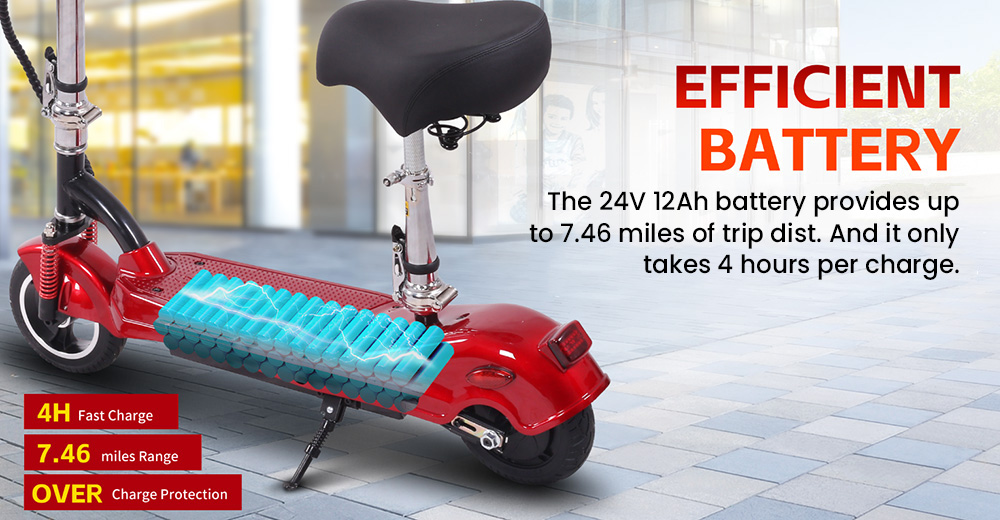 Elektrická kolobežka Unificare M5 so sedadlom, 350W motor, 24V 12Ah batéria, 8 palcové pneumatiky, max. rýchlosť 20 km/h, dojazd 12 km - červená