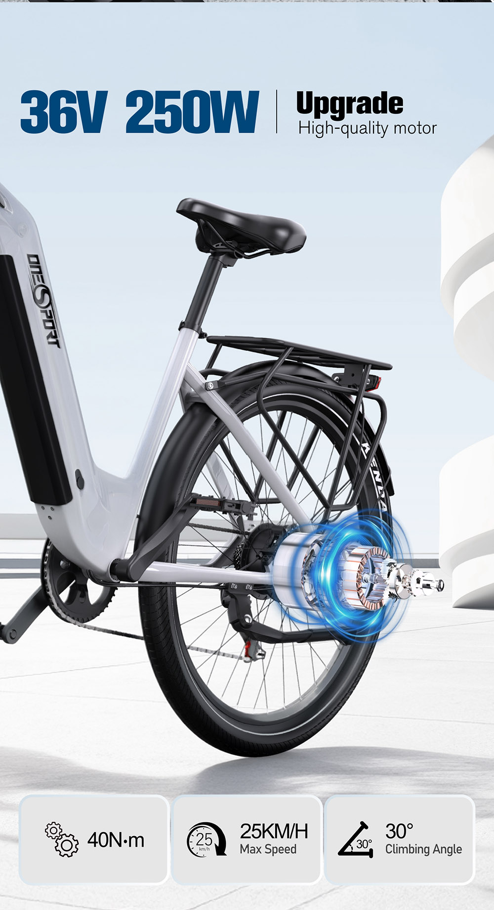 ONESPORT OT05 elektromos kerékpár, 27,5" hüvelykes alumínium váz, 250 W-os ANANDA motor, 36 V 18,2 Ah akkumulátor, 25 km/h maximális sebesség, 60-120 km hatótávolság, olajos tárcsafék, Shimano 7 sebesség, nyomatékérzékelő, 100 kg maximális terhelhetőség - fehér