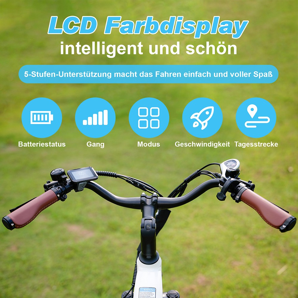 TTGO C3 Pro Elektrofahrrad, 250W Motor, 36V 20Ah Batterie, 28 Zoll Reifen, 25 km/h Höchstgeschwindigkeit, 120 km maximale Reichweite, hydraulische Scheibenbremse, Federgabel, Drehmomentsensor, Shimano 7-Gang, LCD-Display - Weiß